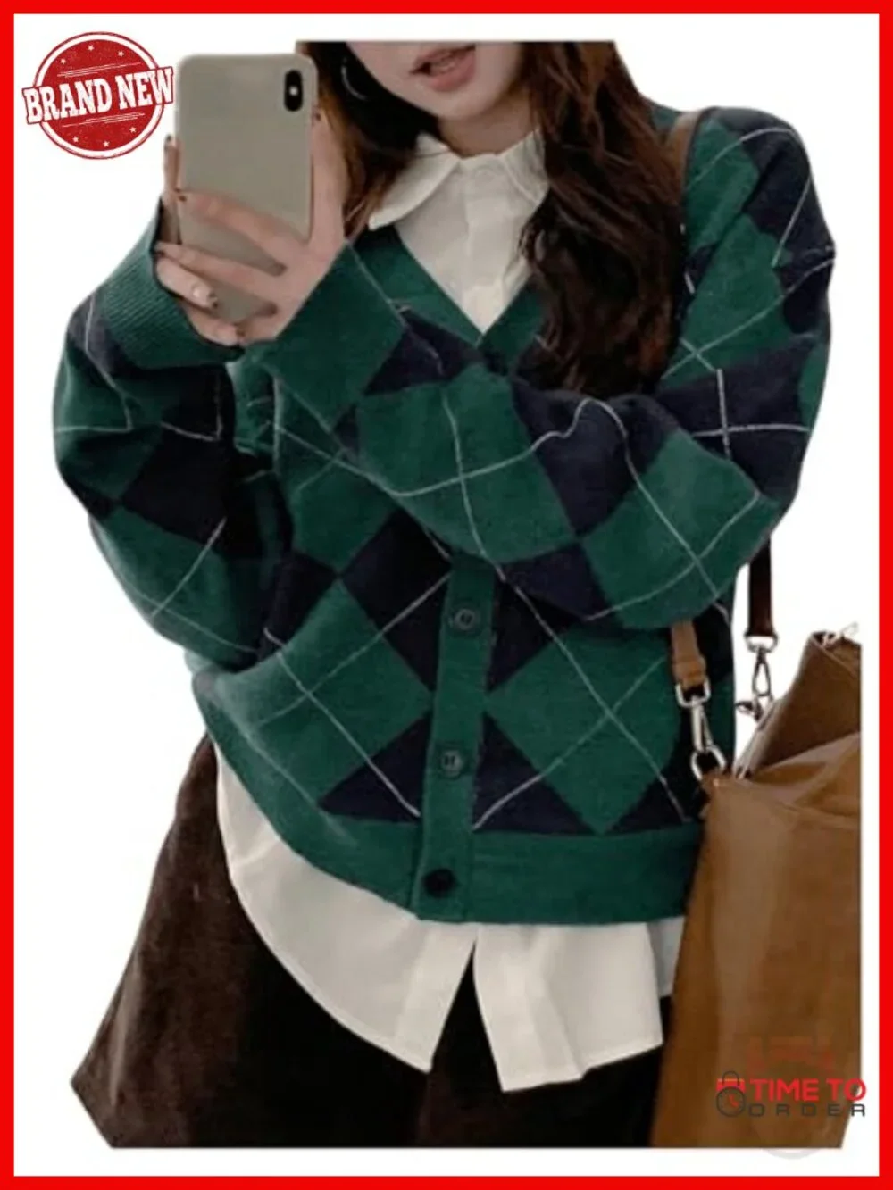 Argyle Plaid V-Neck Button Down Cardigan Sweater
